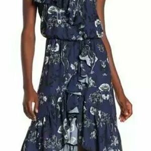 Parker Navy Paradise Floral Ruffle Midi Dress | NWT | Size M